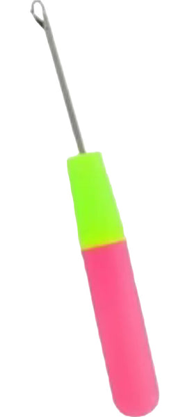 Colorful crochet hook with green and pink handle on a white background
